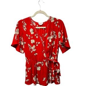 Sienna Sky women's short sleeves bow blouse red with white flowers size medium